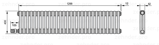 Схема (чертеж) Радиатор Zehnder Charleston 2040/28 №V004 Белый глянцевый RAL 9016